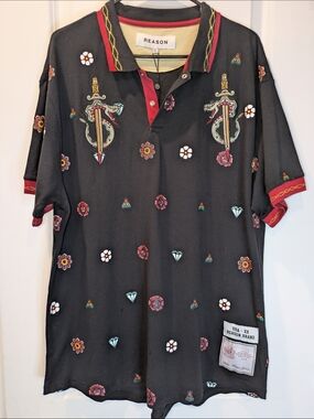Reason Brand Polo Shirt XL NWT Black Embroidered Snake Dagger Streetwear